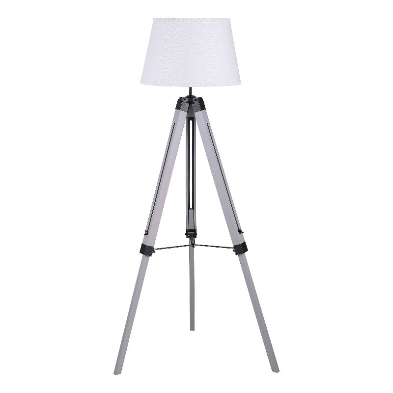 56 Inch Floor Lamp- White Tapered Drum Shade- Weathered Gray Tripod Base