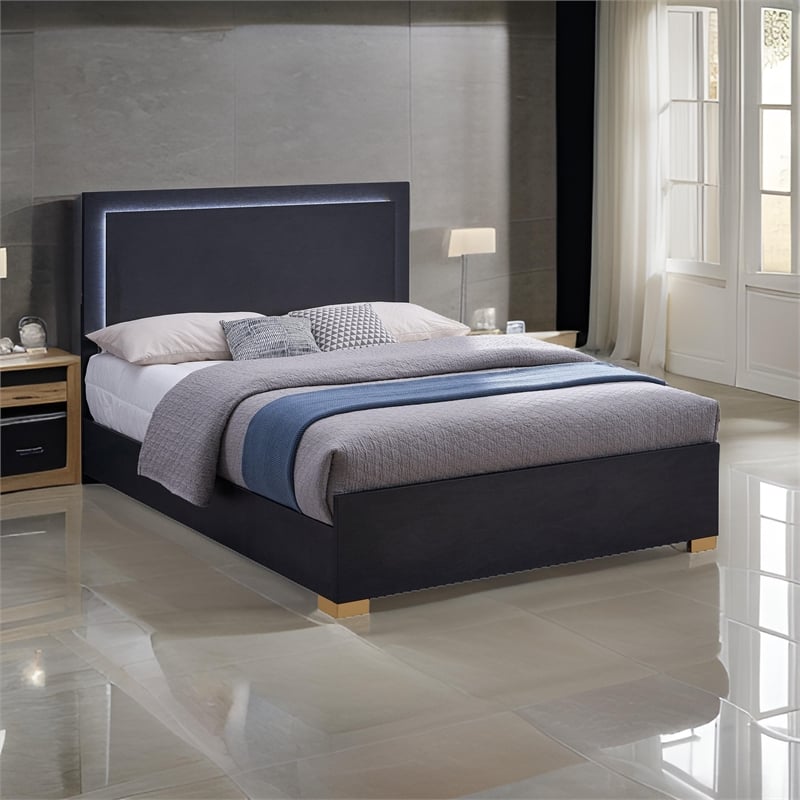 Dex Platform King Size Bed- Panel LED Headboard- Black Wood Melamine Finish