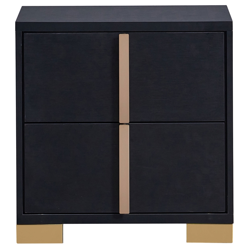 Dex 22 Inch Nightstand- 2 Drawers with Long Vertical Gold Handles- Black