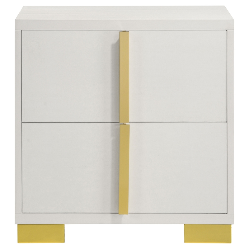 Dex 22 Inch Nightstand- 2 Drawers with Long Vertical Gold Handles- White