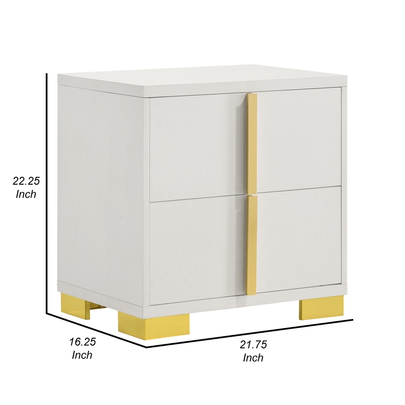 Dex 22 Inch Nightstand- 2 Drawers with Long Vertical Gold Handles- White
