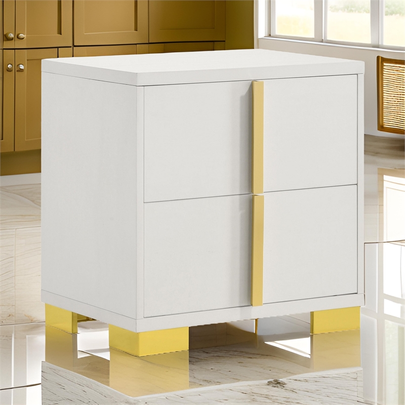 Dex 22 Inch Nightstand- 2 Drawers with Long Vertical Gold Handles- White
