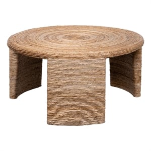 Asha 36 Inch Coffee Table- Round Shaped Top with Natural Rattan Wrapping