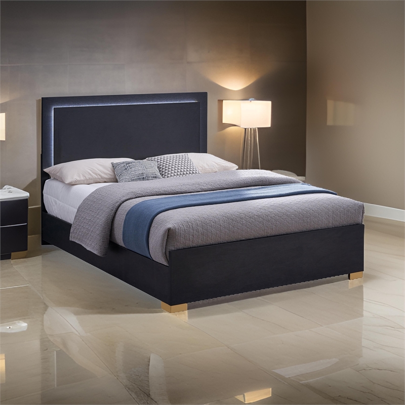 Dex Full Size Bed with LED Framed Headboard- Black Wood Finish- Gold Legs