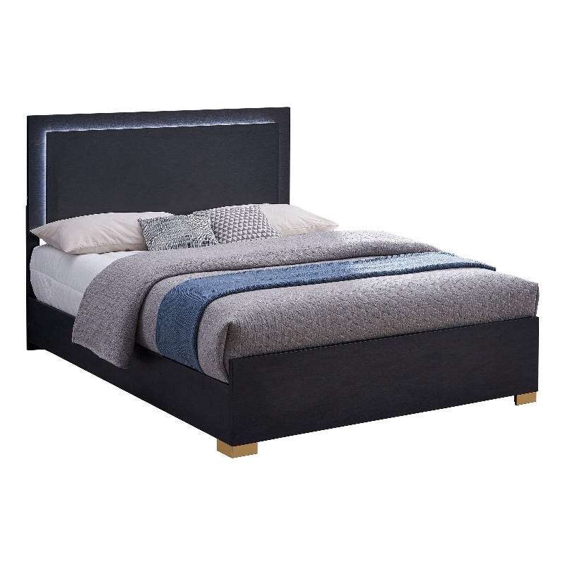 Dex Full Size Bed with LED Framed Headboard- Black Wood Finish- Gold Legs