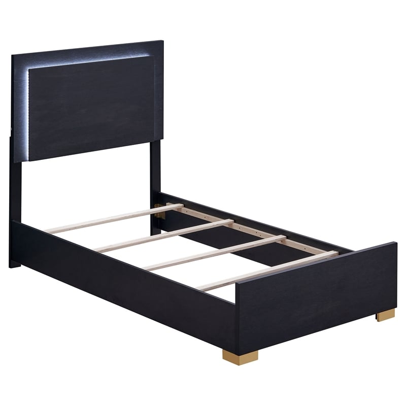 Dex Twin Size Bed with LED Framed Headboard- Black Wood Finish- Gold Legs