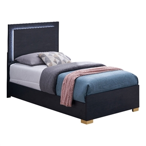 Dex Twin Size Bed with LED Framed Headboard- Black Wood Finish- Gold Legs