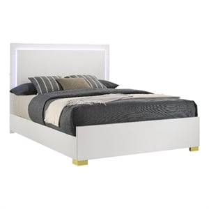 Dex Full Size Bed with LED Framed Headboard- White Wood Finish- Gold Legs
