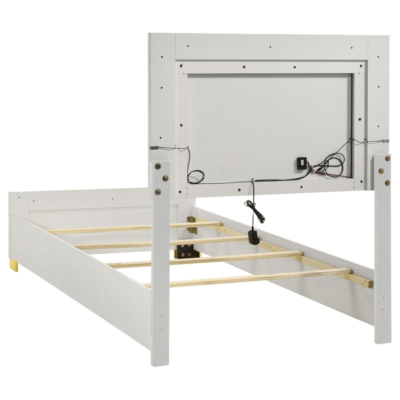 Dex Twin Size Bed with LED Framed Headboard- White Wood Finish- Gold Legs