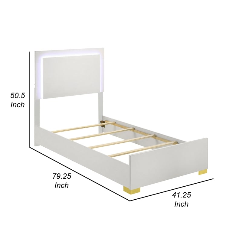 Dex Twin Size Bed with LED Framed Headboard- White Wood Finish- Gold Legs