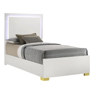 Dex Twin Size Bed with LED Framed Headboard- White Wood Finish- Gold Legs