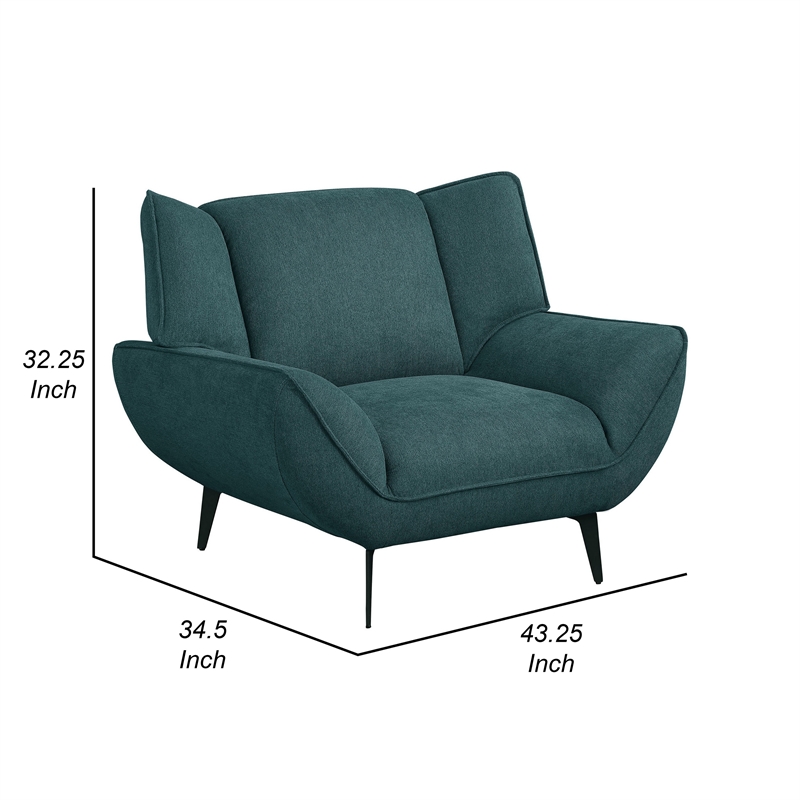 Toer 43 Inch Accent Sofa Chair- Flared Arms- Teal Blue Fabric- Black Metal