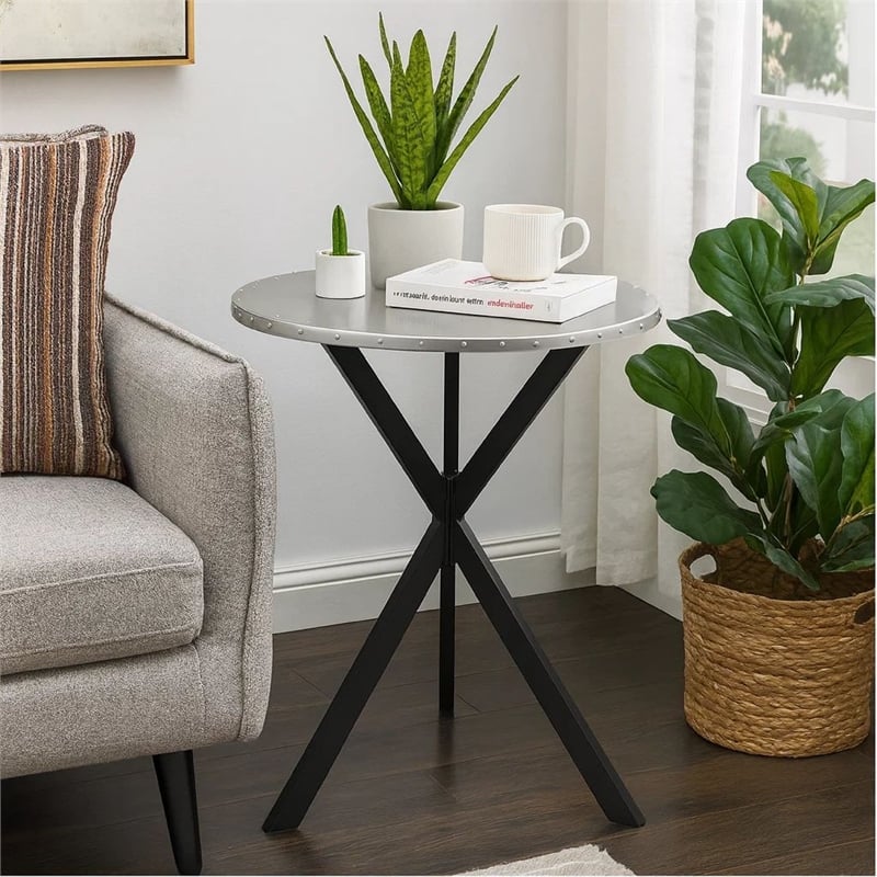 36 Inch Bar Table- Metal Top- Hammered Nails- Intersected Base- Silver
