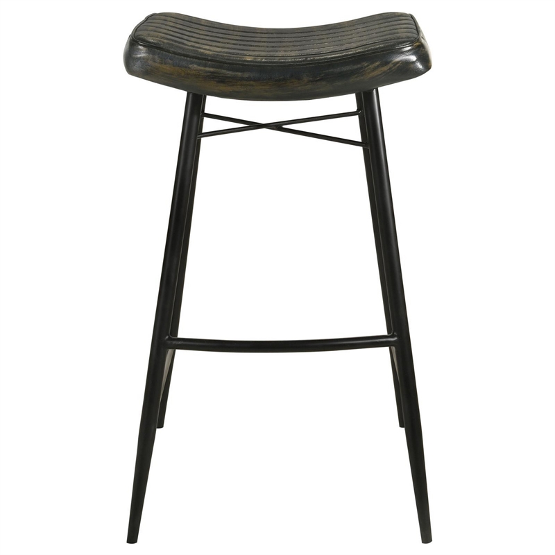 Vini 30 Inch Bar Stool Set of 2- Curved Leather Seat- Channel Tufted- Black