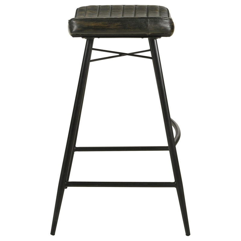 Vini 30 Inch Bar Stool Set of 2- Curved Leather Seat- Channel Tufted- Black