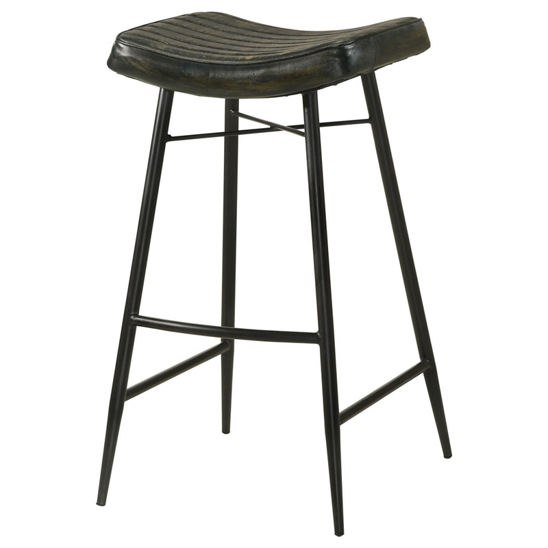 Vini 30 Inch Bar Stool Set of 2- Curved Leather Seat- Channel Tufted- Black