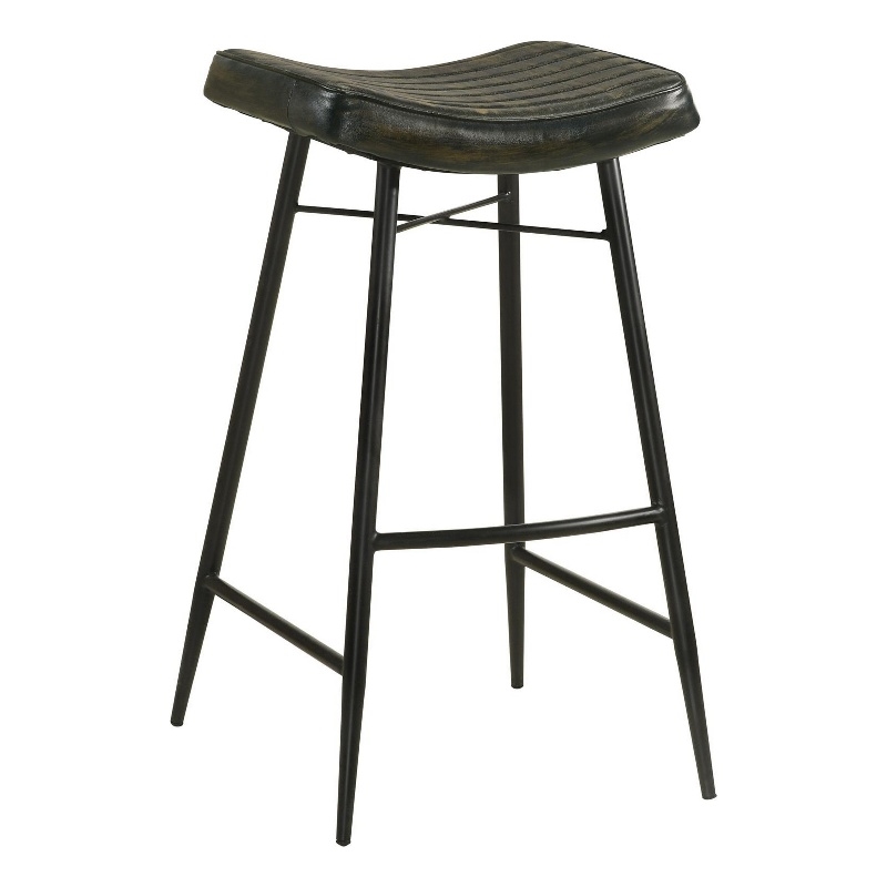Vini 30 Inch Bar Stool Set of 2- Curved Leather Seat- Channel Tufted- Black