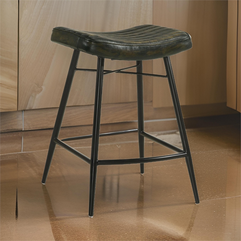 Vini 25 Inch Counter Stool Set of 2- Curved Leather Seat- Tufted Black