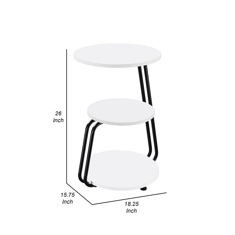 26 Inch Side End Table- 3 Tier Design- Black Metal Frame- White Finish