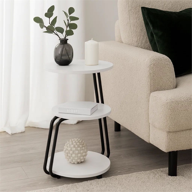 26 Inch Side End Table- 3 Tier Design- Black Metal Frame- White Finish