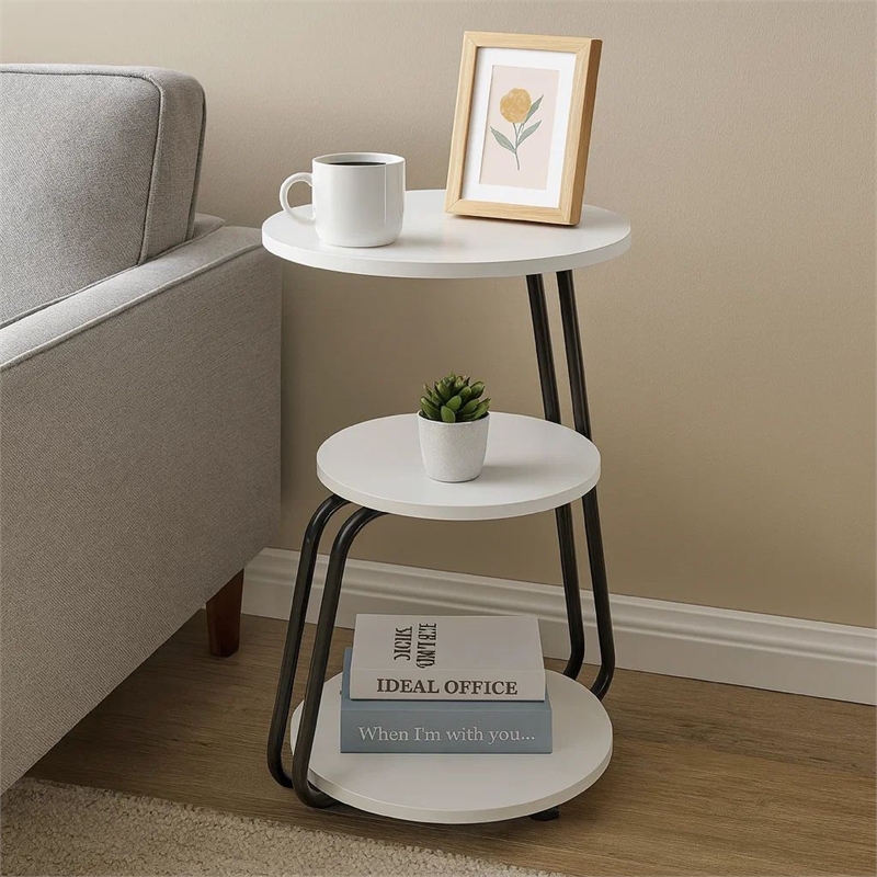 26 Inch Side End Table- 3 Tier Design- Black Metal Frame- White Finish