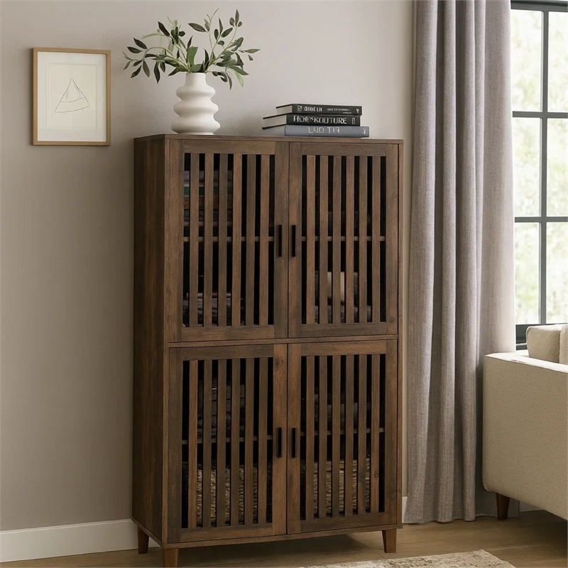 69 Inch Tall Accent Cabinet- Vertical Slatted Design- Brown and Black