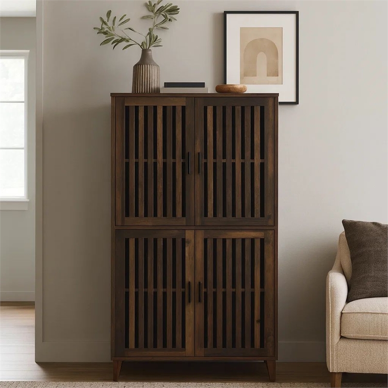 69 Inch Tall Accent Cabinet- Vertical Slatted Design- Brown and Black