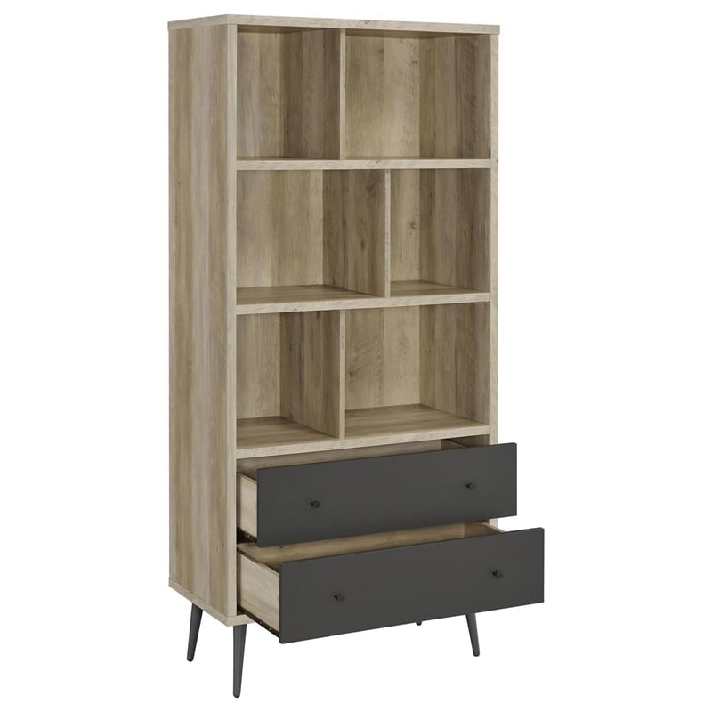 70 Inch Bookcase- 3 Shelves- Vertical Dividers- 2 Drawers- Brown- Gray