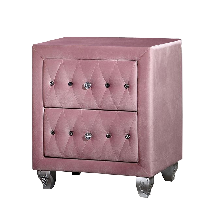 Zoha 26 Inch Nightstand- 2 Drawer- Cabriole Legs- Wood- Pink Upholstery