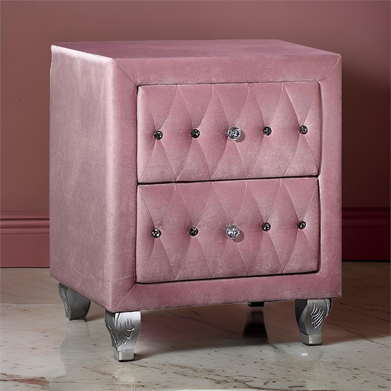Zoha 26 Inch Nightstand- 2 Drawer- Cabriole Legs- Wood- Pink Upholstery