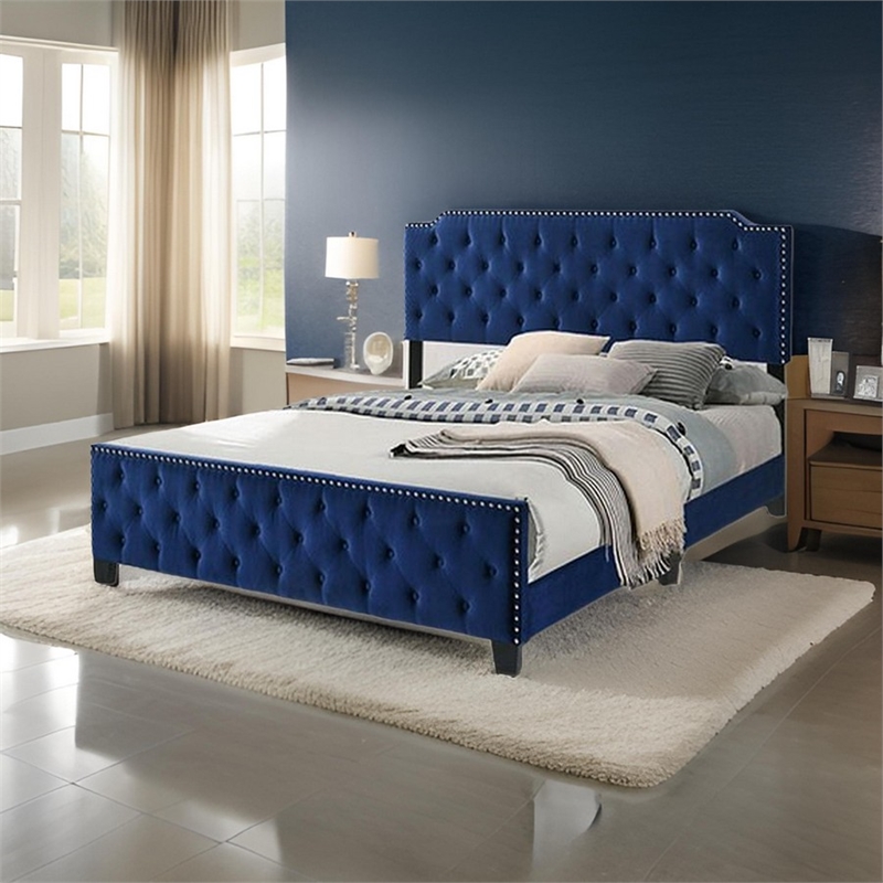 Agapi California King Bed- Button Tufted- Nailhead Trim- Navy Upholstery