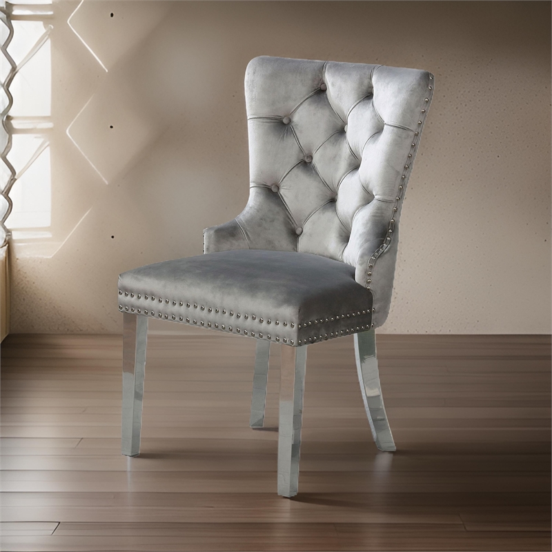 24 Inch Dining Side Chair Set of 2- Tufted Silver Gray Fabric- Chrome legs