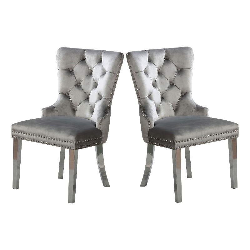 24 Inch Dining Side Chair Set of 2- Tufted Silver Gray Fabric- Chrome legs