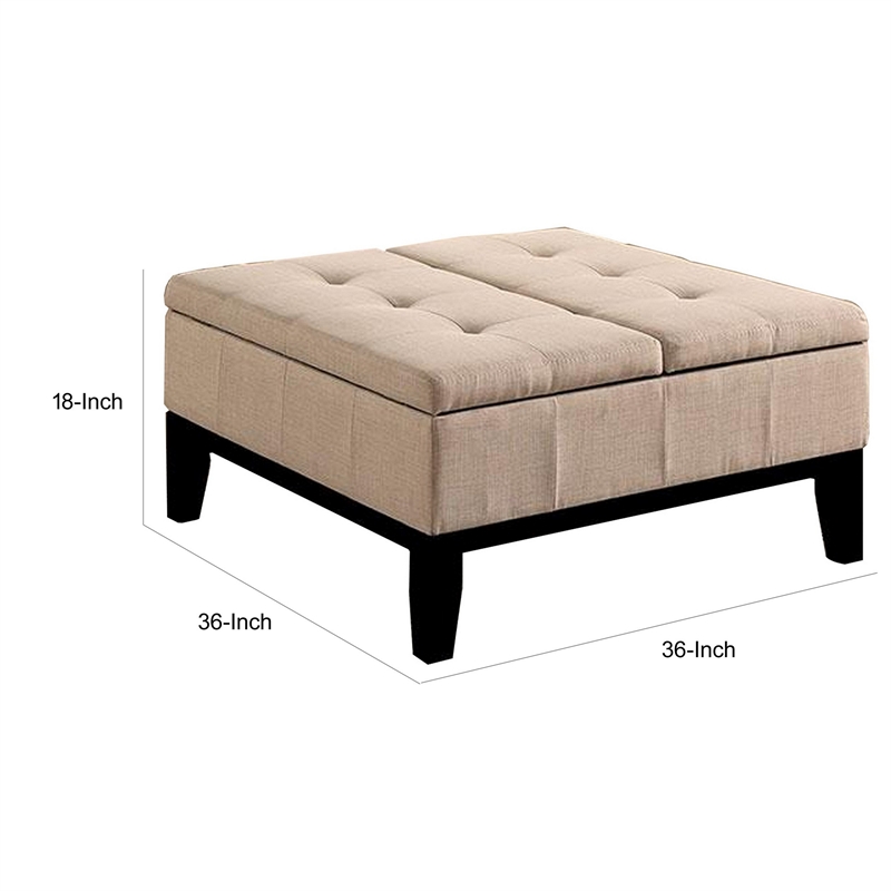 Orin 36 Inch Ottoman- Split Storage Lid- Tufted Beige Upholstery- Wood