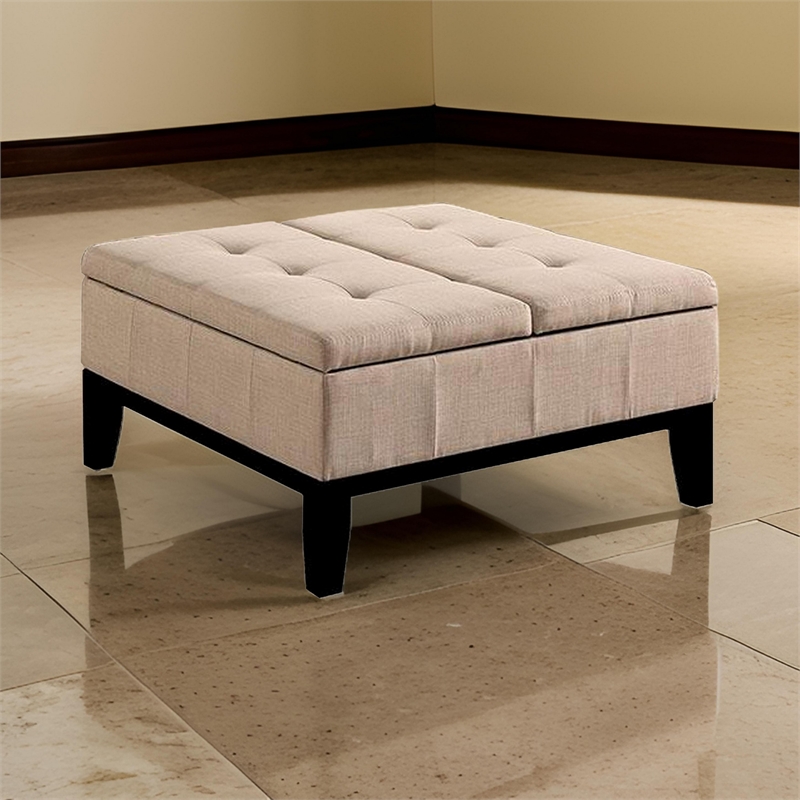Orin 36 Inch Ottoman- Split Storage Lid- Tufted Beige Upholstery- Wood