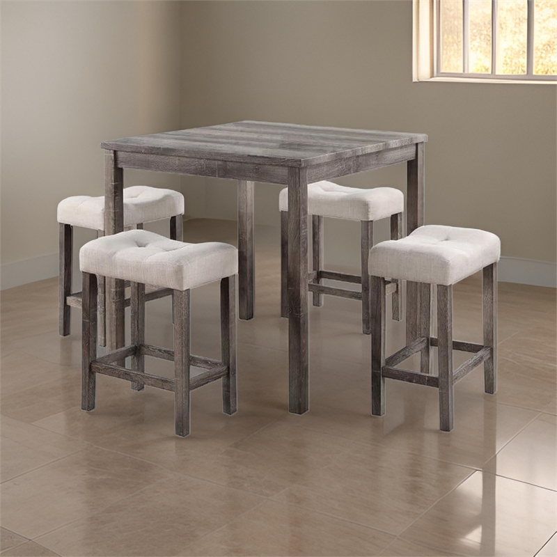 5 Piece Counter Height Table Set with 4 Stools- Beige Fabric- Gray Wood