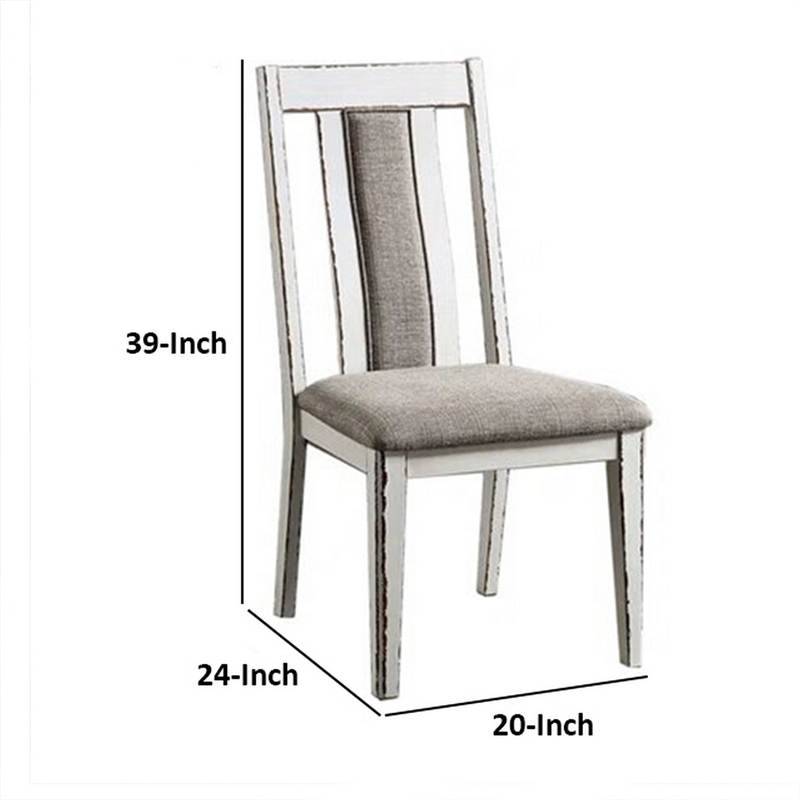 24 Inch Dining Side Chair Set of 2- Rustic White Wood- Gray Fabric Seat