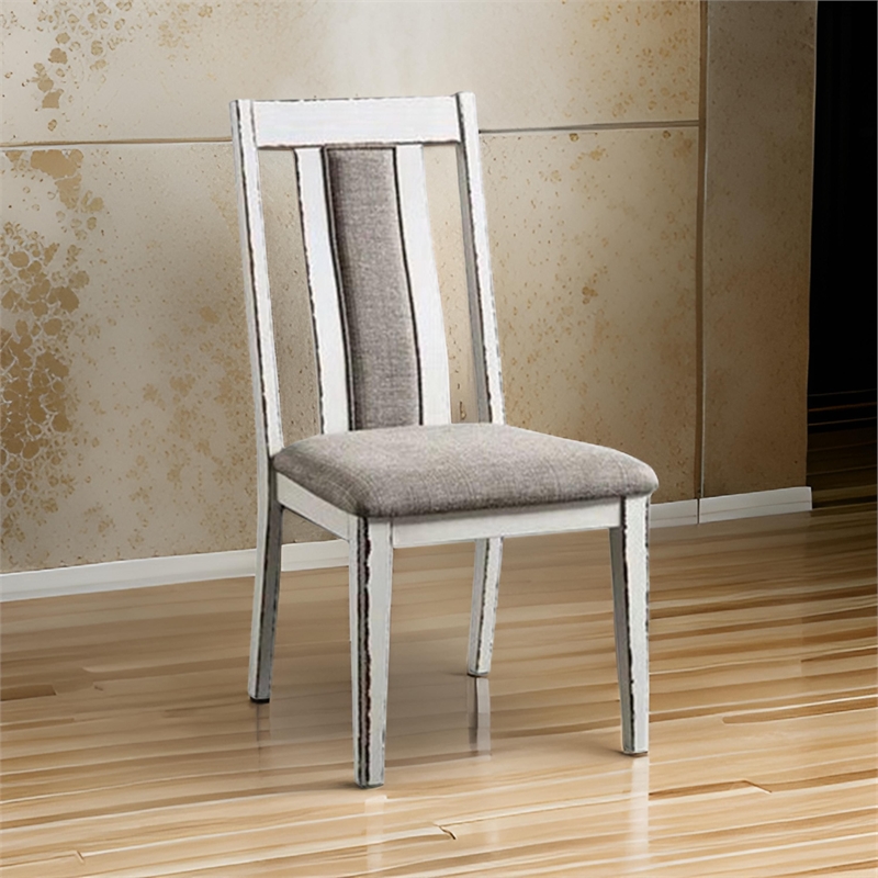 24 Inch Dining Side Chair Set of 2- Rustic White Wood- Gray Fabric Seat
