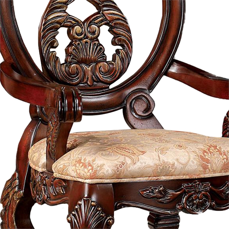 28 Inch Dining Side Chair Set of 2- Brown Wood Carved Back- Beige Fabric