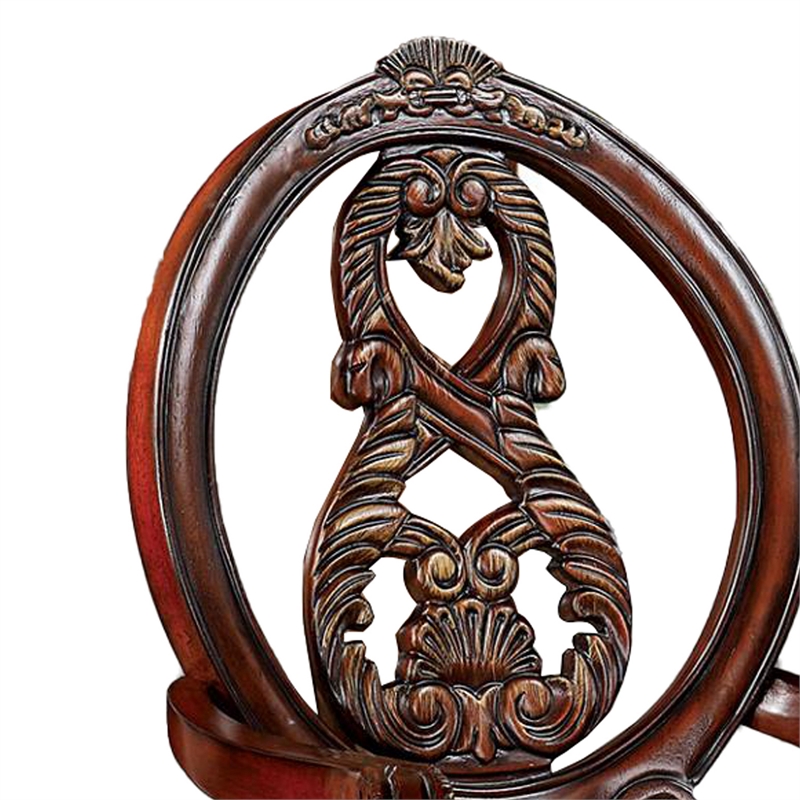 28 Inch Dining Side Chair Set of 2- Brown Wood Carved Back- Beige Fabric