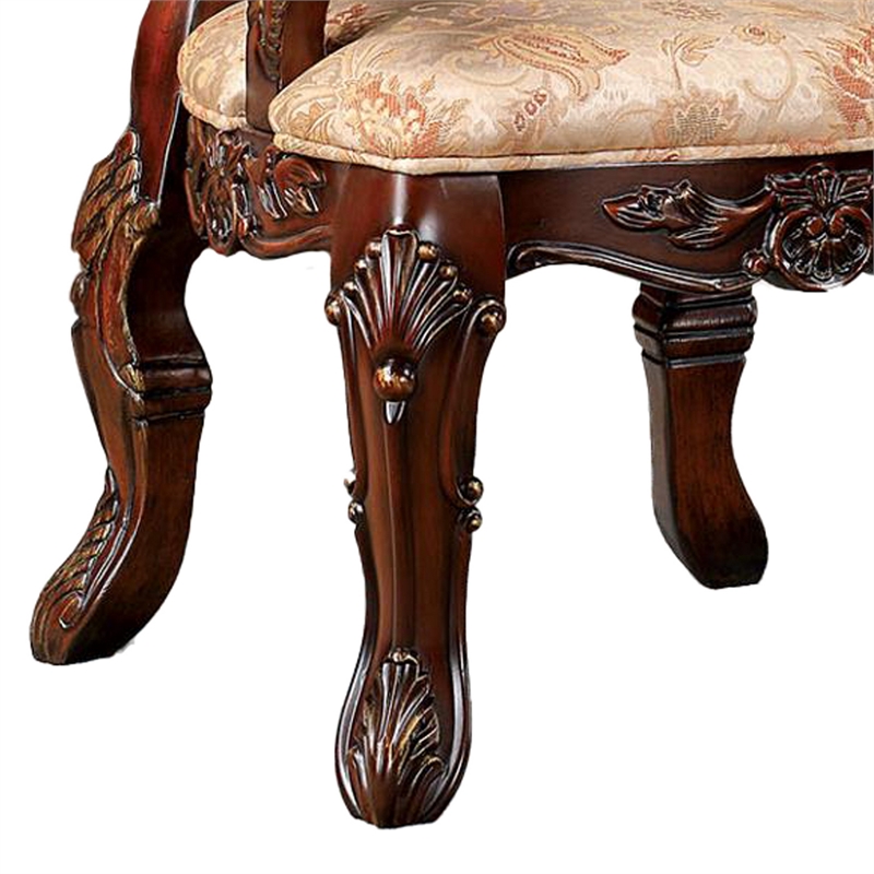 28 Inch Dining Side Chair Set of 2- Brown Wood Carved Back- Beige Fabric