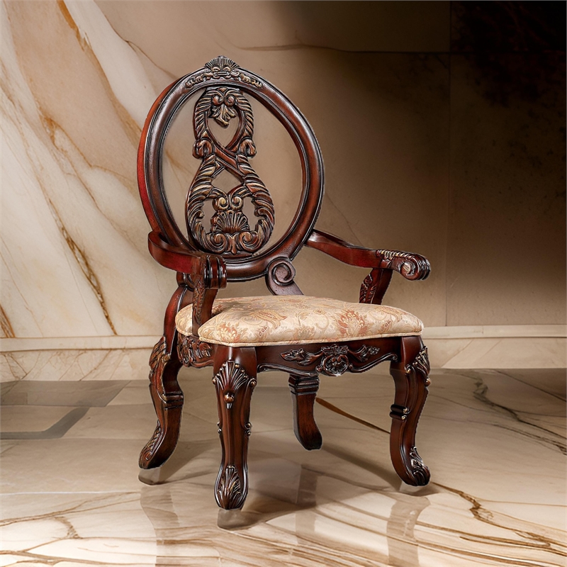 28 Inch Dining Side Chair Set of 2- Brown Wood Carved Back- Beige Fabric