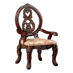 28 Inch Dining Side Chair Set of 2- Brown Wood Carved Back- Beige Fabric