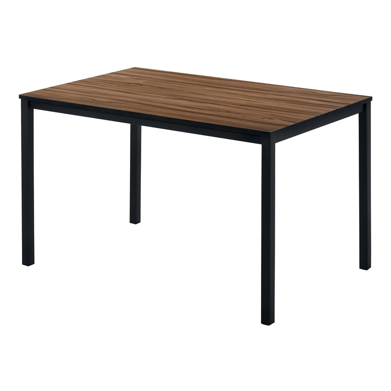 3 Piece Dining Table Set- 2 Benches- Brown Wood Grain Top- Black Metal
