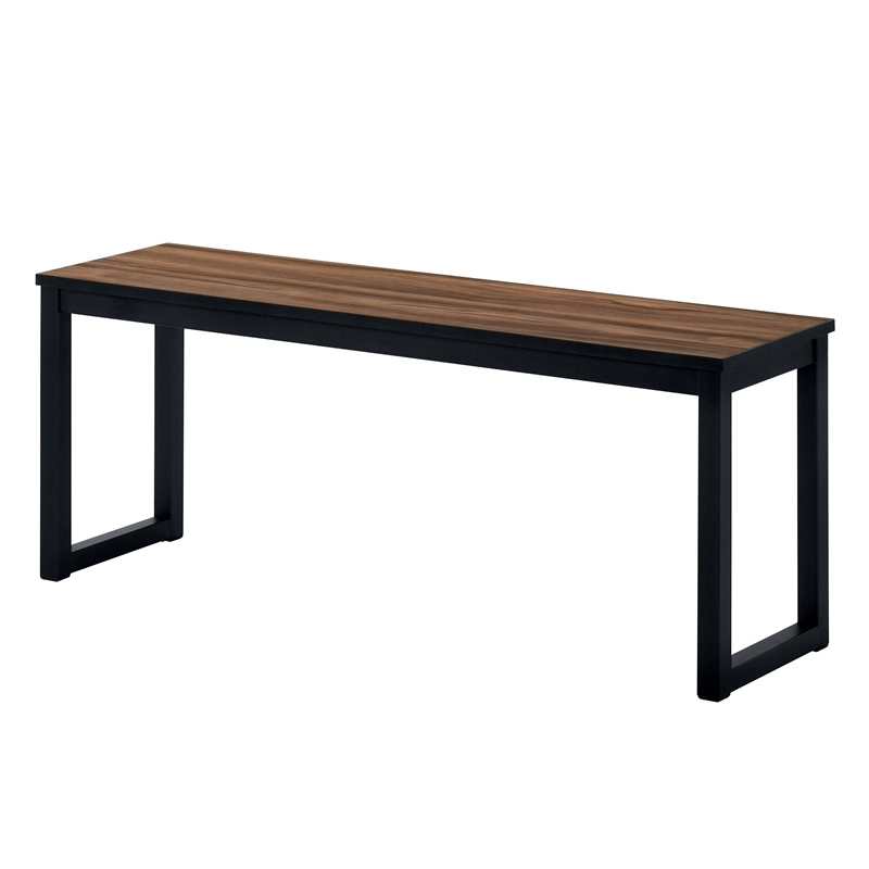 3 Piece Dining Table Set- 2 Benches- Brown Wood Grain Top- Black Metal