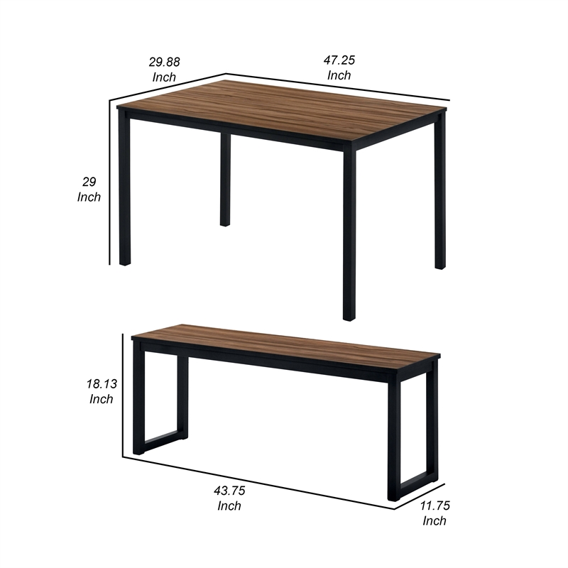 3 Piece Dining Table Set- 2 Benches- Brown Wood Grain Top- Black Metal