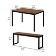 3 Piece Dining Table Set- 2 Benches- Brown Wood Grain Top- Black Metal