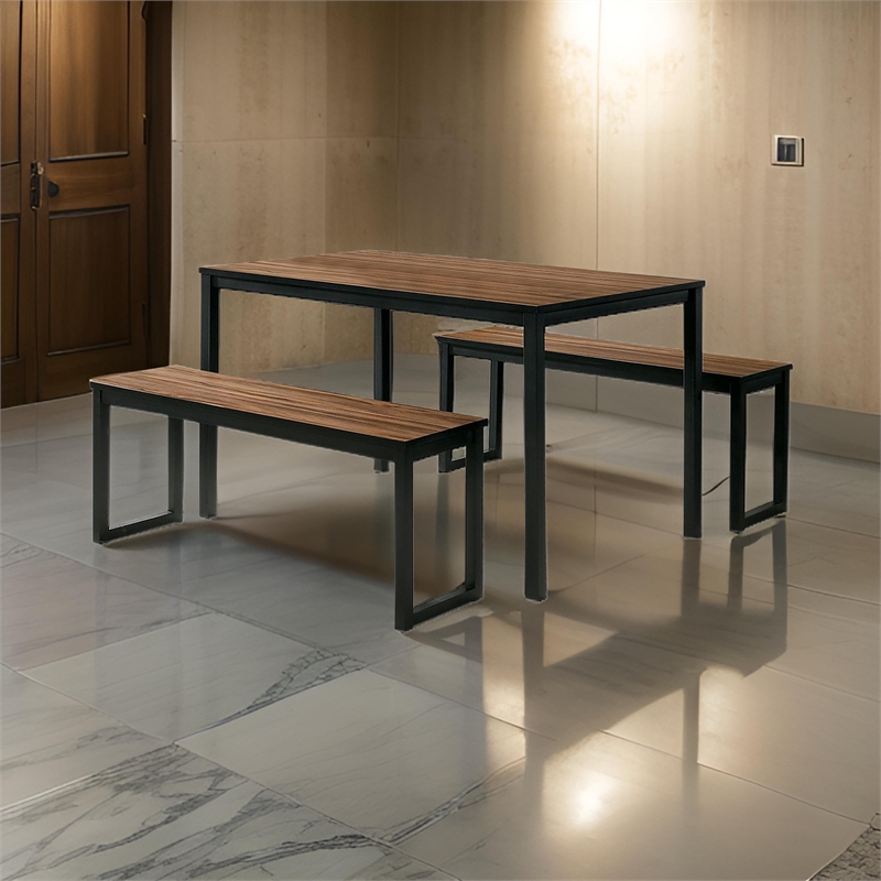 3 Piece Dining Table Set- 2 Benches- Brown Wood Grain Top- Black Metal