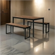 3 Piece Dining Table Set- 2 Benches- Brown Wood Grain Top- Black Metal