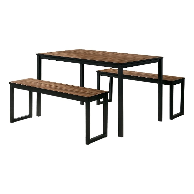3 Piece Dining Table Set- 2 Benches- Brown Wood Grain Top- Black Metal